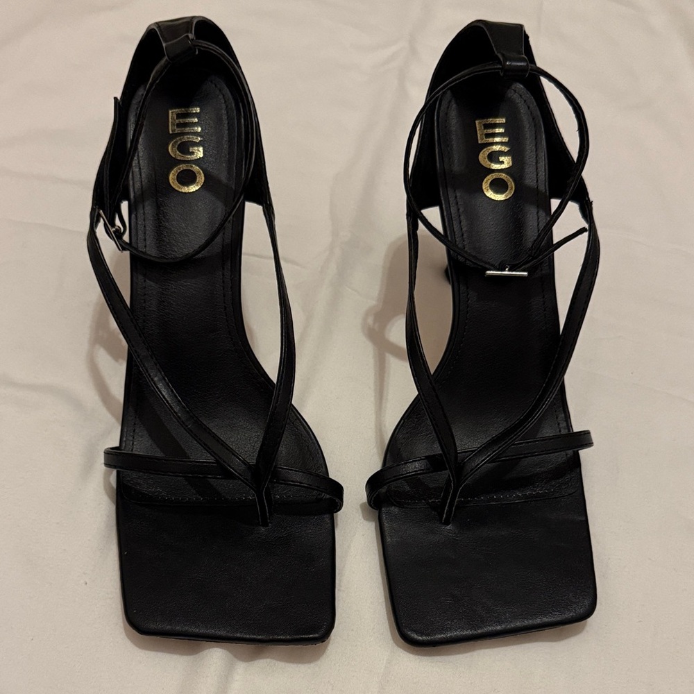 EGO Black Strappy Square-Toe Heeled Sandals 4” Heel